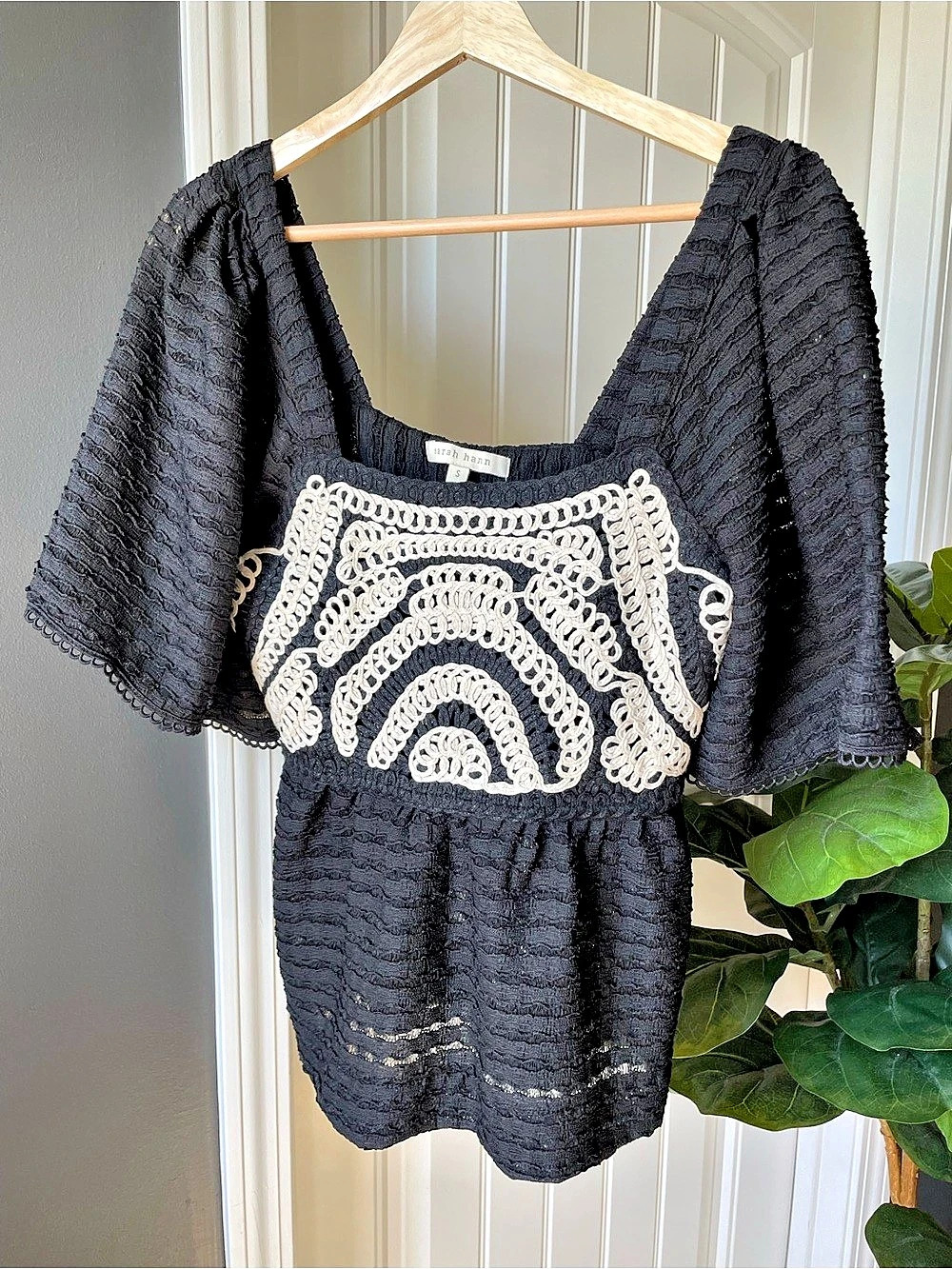 Sarah Hann x Anthropologie Flutter-Sleeve Crochet Black Babydoll Blouse Size S